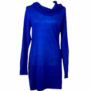 AGB Cowl Neck Metallic Knit Sparkle Sweater Dress Royal Blue Timeless Classic S